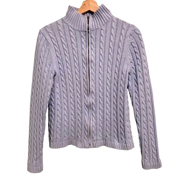 L.L. Bean Lavender 100% Cotton Cable Cardigan Sweater Front Zip in Size Medium - Picture 1 of 5